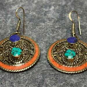 Tibetan Silver Lapis, Coral and Turquoise Round Earrings